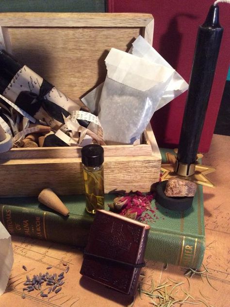 Check out this item in my Etsy shop https://www.etsy.com/listing/560076307/witchs-box-of-goods-magical-work-student Small Cauldron, Black Taper Candles, Beautiful Wooden Boxes, Amber Resin, Offering Bowls, Leather Book, Black Candles, Incense Cones, Orange Oil