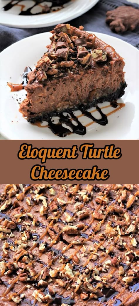 Chocolate Turtle Cheesecake Recipe, Family Deserts, Chocolate Turtle Cheesecake, Turtle Cheesecake Recipe, No Bake Oreo Cake, Turtle Candy, Turtle Cheesecake Recipes, Chocolate Turtle, Fall Deserts