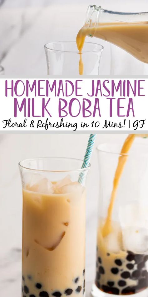 Jasmine milk boba tea is a refreshing drink that is naturally gluten free and takes only ten minutes from start to finish. It both looks great and is simple to make. The touch of sweetness from the boba (tapioca pearls) combine with the milk and floral notes of the jasmine tea make it a perfect drink for an afternoon treat or anytime. #boba #tapiocapearls #bubbletea #glutenfreerecipes #easydrinkrecipes #jasminetea #bobatea Milk Boba Tea, Jasmine Milk Tea, Jasmine Milk Tea Recipe, Milk Tea Boba, Milk Tea Recipes, Tea Remedies, Boba Pearls, Beef Soup Recipes, Bubble Tea Boba