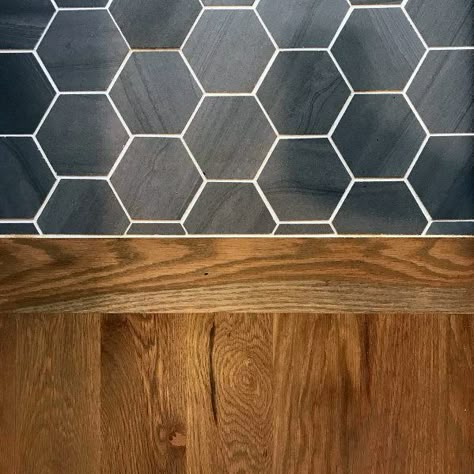 Ideas For Home Black Hexagon Tile To Oak Hardwood Floor Transition Wood Floor Stairs, Tile To Wood Transition, Black Hexagon Tile, Hexagonal Tiles, Floor Transition, Wood Floor Bathroom, Entryway Tile, Entryway Flooring, Hexagon Tile