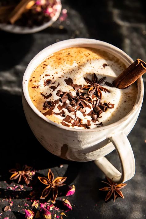 Chai Hot Chocolate, Coconut Hot Chocolate, Cozy Drinks, Vanilla Chai, Half Baked, Chocolate Caliente, Winter Drinks, Half Baked Harvest, Hot Chocolate Recipes