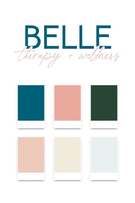 Check out the logo design for Belle Therapy and Wellness. With a color palette made up of blues and pinks, this branding design is modern and warm, perfect for a health and wellness business brand design! Self Care Brand Color Palette, Therapy Website Color Palette, Healing Colour Palette, Health And Wellness Color Palette, Health Color Palette, Therapist Marketing, Brand Colour Schemes, Therapy Website, Showit Website Design