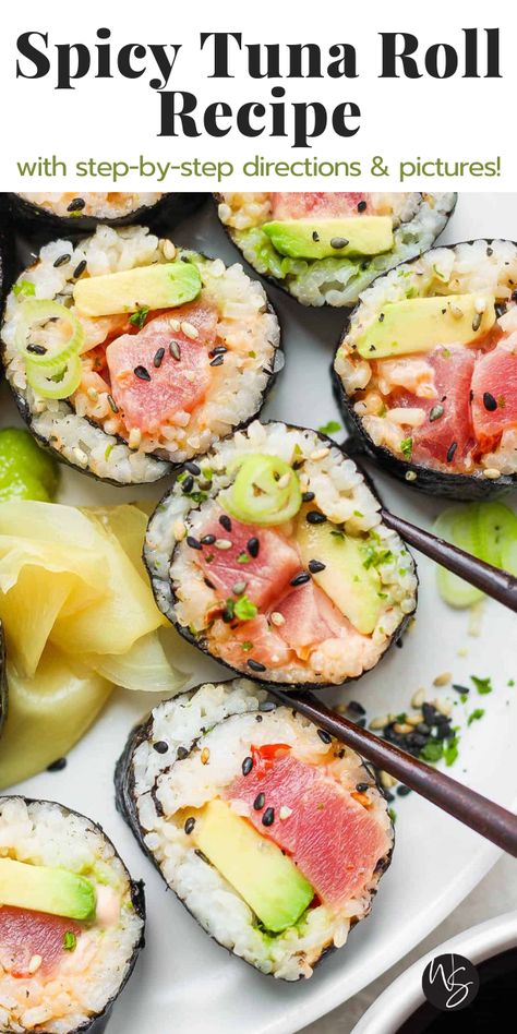 Spicy Tuna Roll Recipe, Tuna Sushi Rolls Recipe, Sushi Recipes For Beginners, Easy Sushi Rolls, Spicy Tuna Sushi, Tuna Sushi Rolls, Homemade Sushi Rolls, Sushi Ideas, Salmon Sushi Rolls