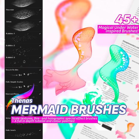 Thenas Mermaid Brushes: A complete set of 40 brushes for drawing beautiful mermaids. #mermaid #drawing . #How_To_Draw_Mermaid #Draw_Mermaid #Underwater_Realm #Mermaid_Paintings Mermaid Digital Art, Mermaid Paintings, Underwater Realm, Mermaid Brush, Mermaid Drawing, Magical Underwater, Brush Procreate, Procreate Tips, Shading Brush