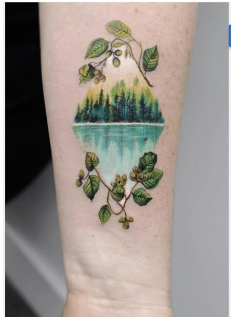 Watercolor Tattoo Mountain, Scenery Tattoo Women, The Lakes Tattoo, Eclectic Tattoos, Lake Superior Tattoo, Lake Tattoo Ideas, National Park Tattoo, Watercolor Tree Tattoo, Traveler Tattoos