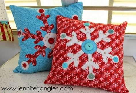 Sew Can She, Snowflake Pillows, Mini Christmas Stockings, Snowflake Pillow, Christmas Sewing Projects, Holiday Sewing, Applique Pillows, Christmas Stocking Pattern, Holiday Snowflakes