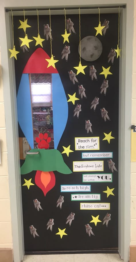 NASA themed classroom door for our SPACEtacular STEAM unit Planet Door Decorations Classroom, Science Themed Classroom Doors, Galaxy Door Decorations, Space Themed Classroom Door Ideas, Theme For Science Exhibition, Space Theme Elementary Classroom, Moon Door Decorations Classroom, Space Theme Door Decor Classroom, Outer Space Door Decoration