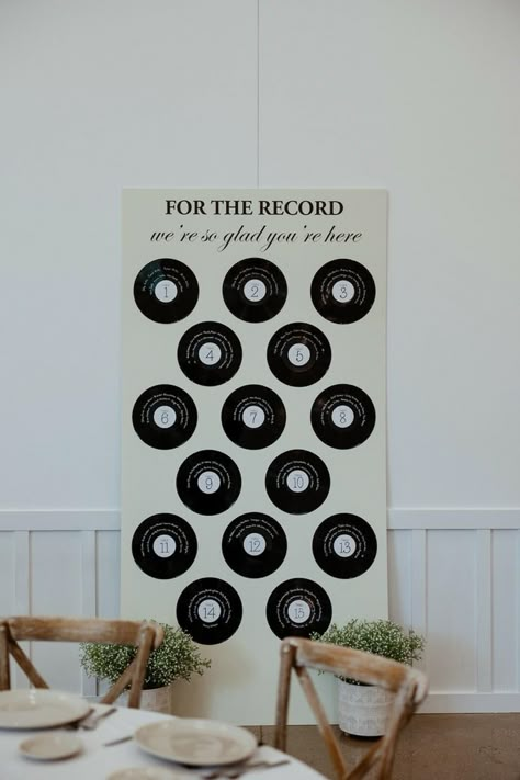 Record Seating Chart, Music Theme Wedding, Wedding Record, Saugatuck Michigan, Wedding Bible, Diy Seating, Music Themed Wedding, Nye Wedding, Rock Wedding