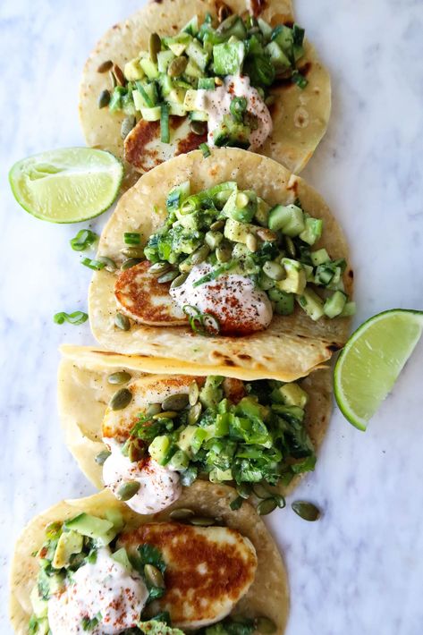 Halloumi Tacos with Spicy Pico Verde Halloumi Tacos Recipe, Tacos Recipes Vegetarian, Vegetarian Recipes Summer, Halloumi Tacos, Spicy Salsa Verde, Halloumi Avocado, Mexican Hot Sauce, Halloumi Recipes, Avocado Tacos