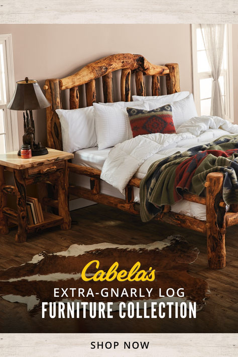 Create your dream rustic bedroom with Cabela's Mountain Woods Extra Gnarly log bed and log nightstand. Pair rustic or western bedding to complete your bedroom décor. Log Bedroom Decor, Log Nightstand, Mountain House Bedroom, Log Cabin Bedrooms, Log Bed Frame, Log Bedroom Furniture, Log Cabin Bedroom, Log Bedroom, Oak Bed Frame