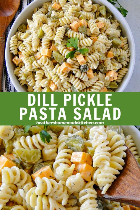 Dill Pickle Pasta Salad is a delicious and creamy pasta salad where the pickles are the star of the dish! The perfect dish for pot lucks or side for any backyard BBQ! A salad for all the pickle lovers! Simple Pasta Salad Recipes, Easy Pot Luck Dishes, Pot Luck Salads, Christmas Party Dishes, Vegetarian Dishes Healthy, Pasta For Lunch, Pasta Recipes With Chicken, Pickle Pasta Salad, Pot Luck Dishes