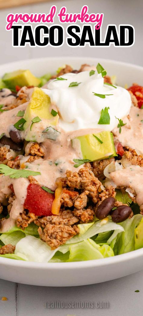 Crispy, crunchy, meaty, Mexican Turkey Taco Salad - super healthy, super easy, and super delicious! #Realhousemoms #turkey #tacosalad #mexican #groundturkey #avocado #salad #salsa #turkeysalad #cincodemayo Healthy Taco Tuesday Recipes, Taco Salad Turkey, Salad With Ground Turkey, Taco Salad Healthy, Turkey Taco Salad Recipe, Turkey Taco Bowl, Ground Turkey Taco Salad, Ground Turkey Taco Recipes, Healthy Taco Salad