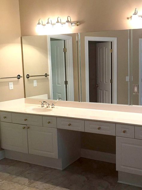 60 Inch Vanity Mirror Ideas, Double Sink With Vanity In Middle, Bathroom Double Vanity Ideas Master Bath, Bathroom Double Vanity Ideas, Townhouse Makeover, Bathroom Vanity Mirror Ideas, Master Bath Double Vanity, Double Sink Bathroom Ideas, Small Townhouse