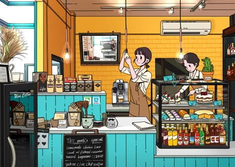 ArtStation - Coffee shop Coffee Shop Reference, Coffee Shop Illustration Art, Coffee Shop Art Drawing, Cafe Shop Drawing, Cafe Art Illustration, Cafe Illustration Drawing, Anime Cafe Art, Cute Cafe Drawing, Cafe Illustration Art