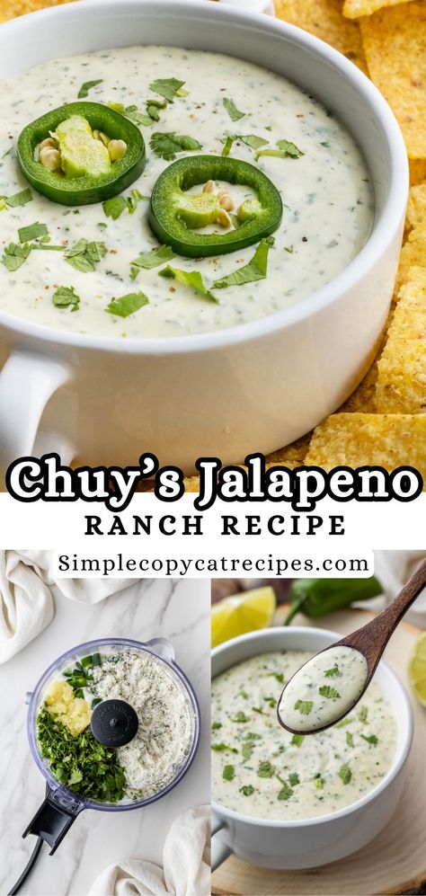 This Chuy's jalapeno ranch recipe is a tasty and delicious dip that can be used on almost anything! Made with classic ranch ingredients and a Mexican flavor twist, this easy copycat recipe is guaranteed to satisfy your taste buds. Mexican Ranch Dip, Chuys Dip Recipe, Jalapeño Ranch Chuys, Copycat Bww Ranch, Chuys Jalapeno Dip, Jalepeno Recipes Dinner, Chuys Recipes, Chuys Dip, Jalapeño Ranch Dressing Recipe