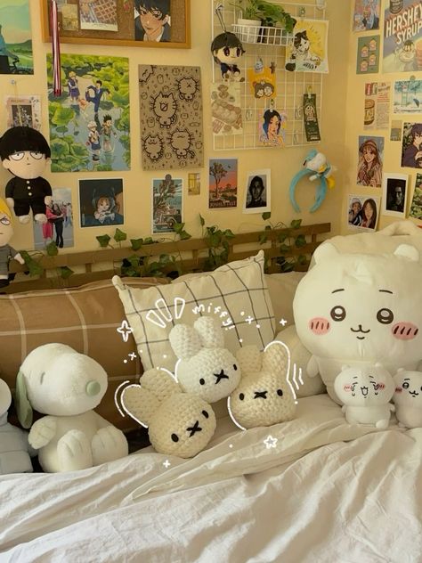 ★☕️ Tiktok 2020 Room Aesthetic, Wall Prints Layout, Miffy Tapestry Crochet, Aesthetic Crochet Room Decor, Ghibli Room Inspiration, Jumino Core Bedroom, Miffy Room Decor, Miffy Decor, Miffy Bedroom