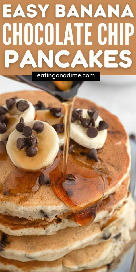 Banana Chocolate Chip Pancakes Easy, Easy Chocolate Chip Pancakes, Chocolate Chip Pancakes Recipe Easy, Banana Chocolate Pancakes, Pancakes Chocolate Chip, Homemade Chocolate Chip Pancakes, 3 Ingredient Banana Pancakes, Chocolate Chip Banana Pancakes, Fluffy Pancakes Recipe