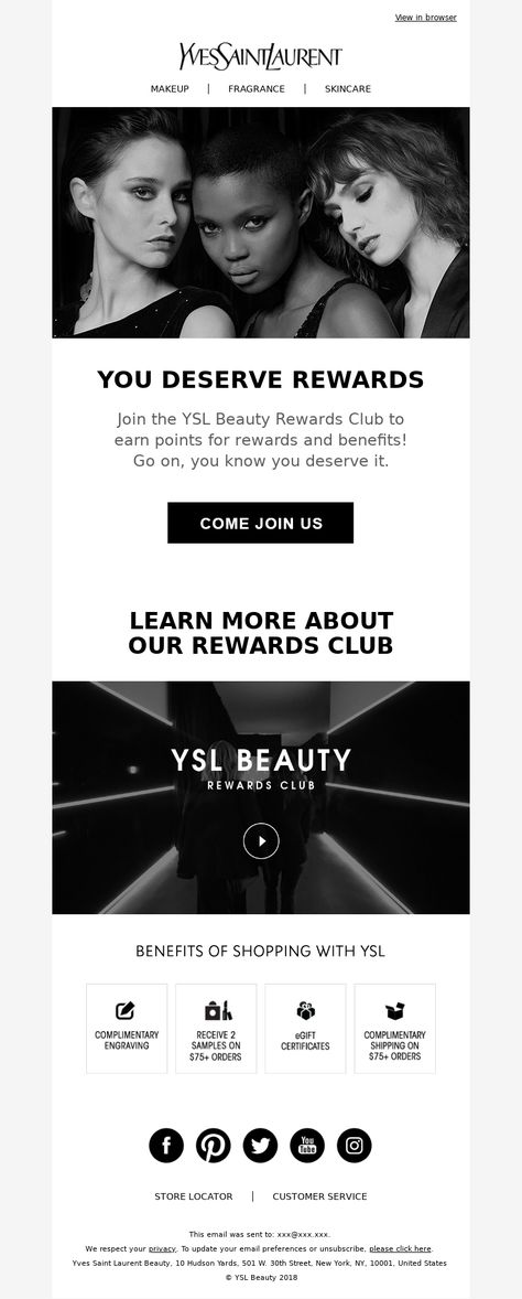 Loyalty & Rewards clubs Email Example - Yves Saint Laurent Beauty - James, You’re Invited: YSL Beauty Rewards Club - #LoyaltyClubEmails #EmailDesign - View 100s of loyalty and rewards clubs email templates and examples with MailCharts! Loyalty Email Design, Email Campaign Template, Loyalty Program Email, Email Marketing Design Layout, Loyalty Program Design, Loyalty Marketing, Email Marketing Design Inspiration, Email Examples, Campaign Planning