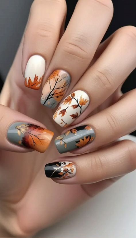 Update your nail game with these must have shades! Click the link to get the scoop on the season's hottest nail trends. Natural Nail Designs Fall, Autumn Gel Nails Designs, Fall Autumn Nails, Leaves Nails, Thanksgiving Nail Designs, Thanksgiving Nail Art, Teal Nails, Autumn Nail, September Nails