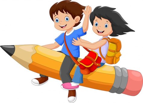 Happy school kids riding a flying pencil | Premium Vector #Freepik #vector #school #kids #children #education School Kids Cartoon, School Pamphlet, School Wall Art Ideas, School Wall Decoration, Business And Advertising, Good Night Cat, Happy School, Kids Going To School, Kids Cartoon Characters