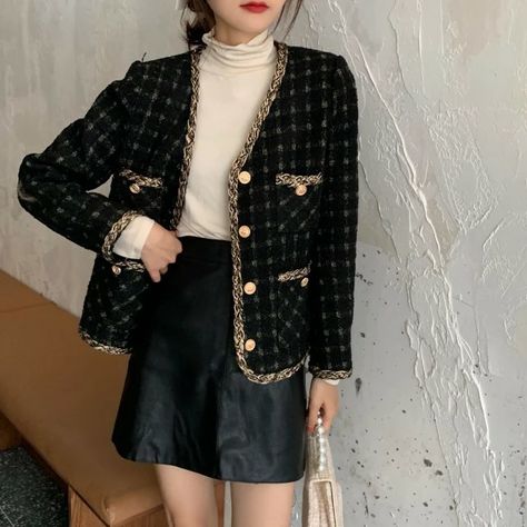 Tweed Outer, Custom Vans Shoes, Black Tweed, Custom Vans, Aesthetic Outfit, Chanyeol, Vans Shoes, Classy Outfits, Business Women