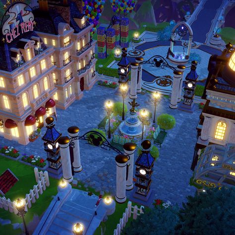 Dreamlight Valley Plaza, Dreamlight Valley Design Ideas, Dreamlight Valley Design, Dreamland Ideas, Disney House Ideas, Disney Island, Alice In Wonderland Garden, Restaurant Game, Valley Game