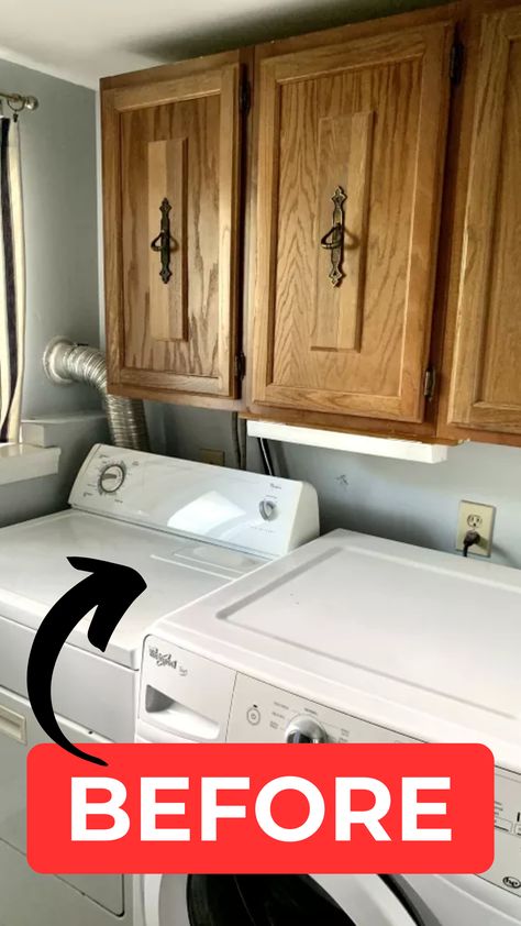 Check out our fabulous laundry room transformation on a budget! We turned our drab space into a stylish and functional area without breaking the bank! 🎉 Click to see the final reveal! Revamp Laundry Room, Diy Laundry Room Paint Ideas, Cover Laundry Area, Hiding Washer And Dryer In Bathroom, Small Laundry Room Reno, Small Laundry Room Ideas Paint, How To Decorate A Small Laundry Room, Laundry Room In Entryway, Simple Laundry Room Cabinets