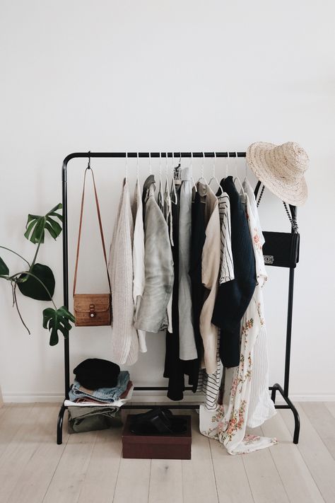 Small Wardrobe Design Aesthetic, Clothes On A Rack Display Aesthetic, Capsule Wardrobe Rack, Wardrobe Rack In Bedroom, Exposed Wardrobe, Small Wardrobe Design, Crimson Outfit, Hanging Clothes Rack, Brick Room