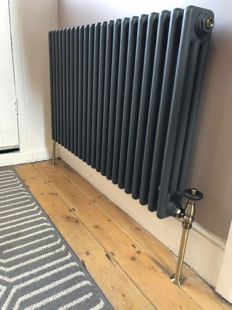 Dark Grey Radiators, Grey Column Radiator, Anthracite Grey Radiator, Modern Radiators Living Rooms, Black Column Radiator, Old Fashioned Radiators, Radiator Color Ideas, Dark Radiators, Bedroom Radiator Ideas