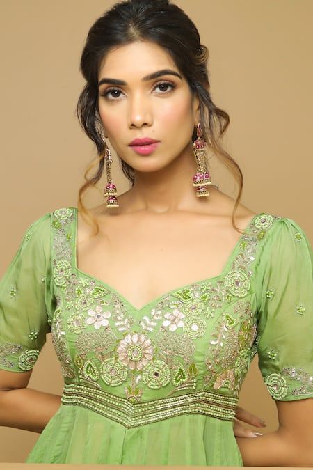 Buy Green Organza Embroidery Moti Sweetheart Neck Anarkali And Palazzo Set For Women by Ahi Clothing Online at Aza Fashions. Anarkali Neck Designs, Dress Designs For Stitching, Gota Embroidery, Stylish Kurtis Design, Organza Embroidery, Churidar Designs, Parrot Green, Anarkali Dress Pattern, Designer Kurti Patterns