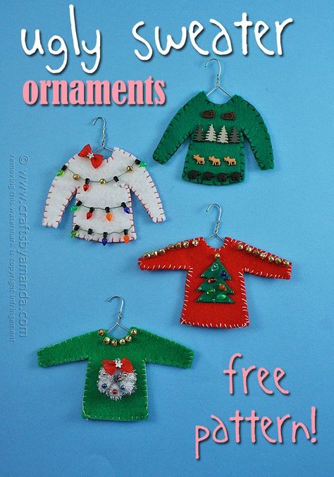 Ugly Sweater Christmas Ornaments by Amanda Formaro of Crafts by Amanda Sweater Christmas Ornaments, Ugly Sweater Ornaments, Christmas Sweater Ornaments, Ugly Christmas Sweater Ornament, Sweater Ornaments, Ornaments Crafts, Ugly Sweater Christmas, Ornament Craft, Christmas Felt