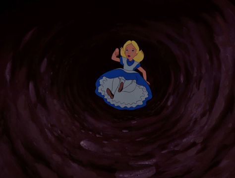 Alice falling down the rabbit hole Alice In Wonderland Scenes, Alice In Wonderland Animated, Holes Disney, Alice In Wonderland Cartoon, Strange Dreams, Alice Rabbit, Alice In Wonderland Rabbit, Alice In Wonderland Poster, Dark Alice In Wonderland