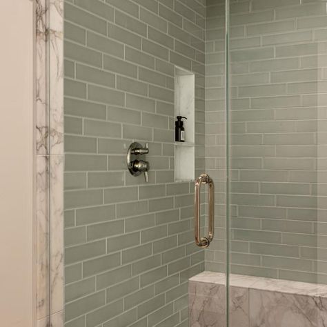 Guest Bathroom With Pale Green Tiles | HGTV Pale Green Bathroom Tiles, Sage Green Subway Tile Bathroom, Light Green Shower Tile, Sage Tile Bathroom, Light Green Tile Bathroom, Green Beadboard Bathroom, Pale Green Bathroom, Bathroom Tile Renovation, Green Shower Tile