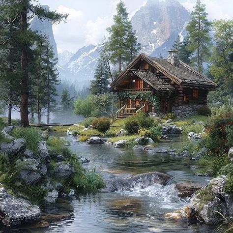 Home / X Baby Dragon Art, Little Cabin In The Woods, Log Cabin Rustic, Building A Cabin, Cabin Inspiration, Summer Scenes, Canvas Painting Landscape, Landscape Art Painting, Beautiful Locations Nature