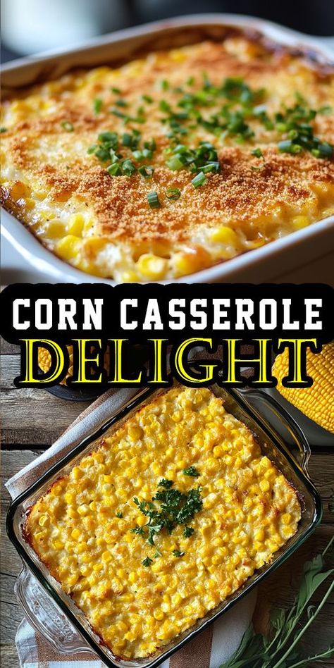 Looking for an easy and delicious side dish? Try this Corn Casserole Delight 🌽🍲! With its creamy texture and sweet flavor, it’s perfect for potlucks, family gatherings, or festive dinners. 🍴🌟 #SideDishRecipes #ComfortFood #CornRecipes Easy Side Dish Casserole Recipes, Christmas Corn Side Dishes, Casserole Recipes Side Dish, Corn Casserole Without Cream Corn, Frozen Corn Recipes Side Dishes, Gluten Free Corn Casserole Recipe, Canned Corn Recipes Side Dishes, Baked Side Dishes, Dinner Sides For Chicken