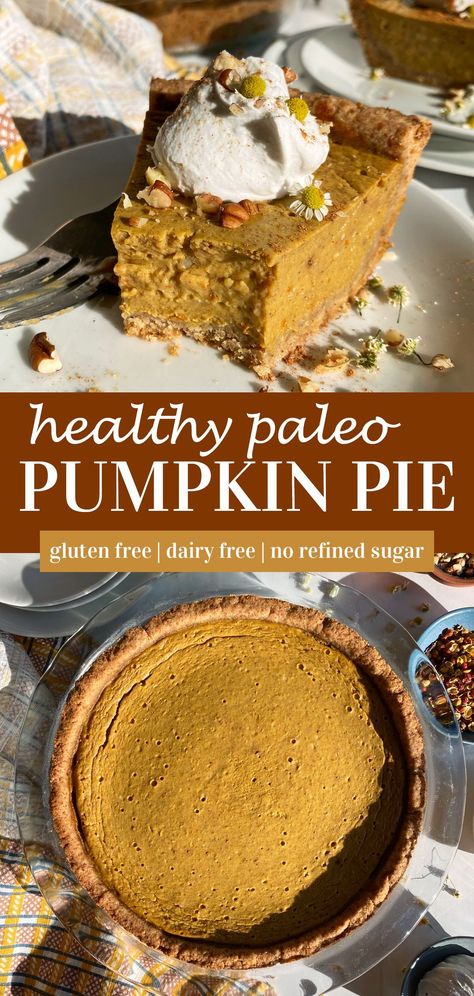 This healthy paleo pumpkin pie has an easy almond flour crust and a creamy pumpkin filling. The crust doesn't require any rolling, chilling or blind baking and the filling comes together in minutes. This paleo pumpkin pie recipe is gluten free, grain free, dairy free and refined sugar free - oh, and it tastes amazing! #paleopie #pumpkinpie #glutenfreepie #almondflourpiecrust #pumpkinpiefilling Low Calorie Paleo, Traditional Pumpkin Pie Recipe, Healthy Pie, Banana Diaries, Healthy Pumpkin Pie, Traditional Pumpkin Pie, Paleo Pumpkin Pie, Keto Thanksgiving, Healthy Pumpkin Pies