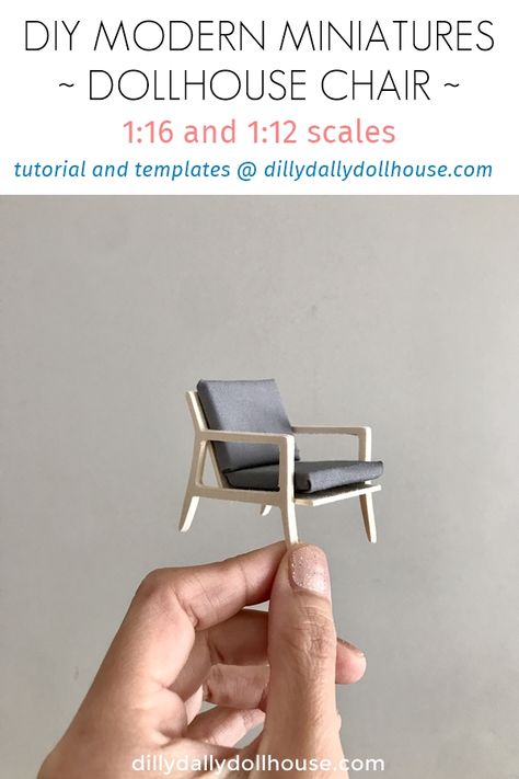 Free Cricut/SVG files to make this modern dollhouse chair in 1:12 and 1:16 Lundby scales | DIY modern miniatures | dillydallydollhouse.com Diy Dollhouse Chair, 1 12 Scale Miniatures Diy How To Make, Modern Miniatures, Modern Dollhouse Furniture Diy Miniature Tutorials, Miniature Furniture Template, Miniature Houses Diy How To Make, Diy Dollhouse Furniture 1:12, Cricut Miniatures Svg, Miniature Furniture Diy