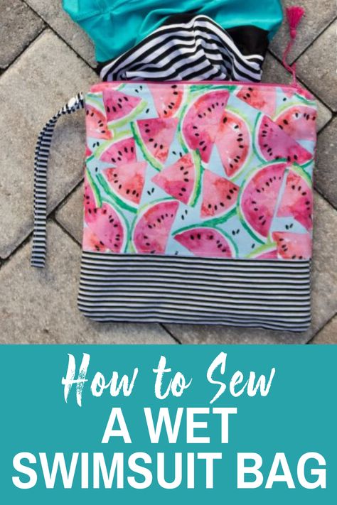 Learn how to sew a wet swimsuit bag with this fun tutorial! It is lined with a layer of PUL, a waterproof fabric that is super easy to work with.  Made in a fun summer print, this wet swimsuit bag makes the perfect pool accessory! #swimsuitbag #summersewingproject Summer Sewing Projects, Summer Sewing, Sew Ins, Pool Bags, Beginner Sewing Projects Easy, Leftover Fabric, Wet Bag, Sewing Projects For Beginners, Easy Sewing Projects