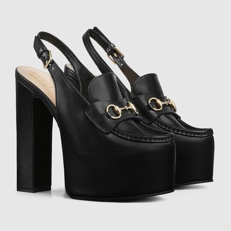 Shop the Women's Horsebit platform loafer slingback in black at GUCCI.COM. Enjoy Free Shipping and Complimentary Gift Wrapping. Gucci Platform Pumps, Loafer Slingback, Gucci Horsebit Loafers, Gucci Pumps, Gucci Heels, Black Platform Shoes, Shoes Gucci, Gucci Horsebit, Platform Loafers