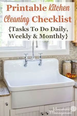 Free printable kitchen cleaning checklist listing tasks to do daily, weekly and monthly to keep your kitchen looking great {courtesy of Household Management 101} Cleaning List Printable, Kitchen Cleaning Checklist, Spring Cleaning Challenge, Household Notebook, Daily Cleaning Checklist, Kitchen Chores, Clean Your Washing Machine, Cleaning Schedule Printable, Cleaning Faucets