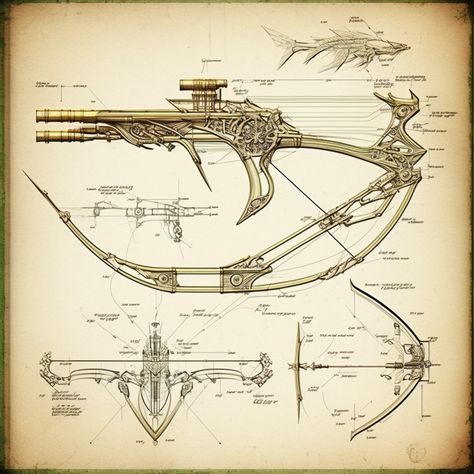 Fantasy Crossbow, Engineering Drawing, Crossbow, Disney Drawings, Arsenal, Concept Art, Engineering, Disney, Drawings