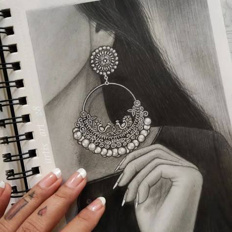 Pencil Art Work Sketches, Realistic Aesthetic Drawing, Aesthetic Shading Drawing, Jhumka Painting On Canvas, Attractive Drawing Ideas Aesthetic, Earings Drawing Design, Jhumka Drawing Sketch, Jhumka Painting, Unique Drawing Ideas Creative