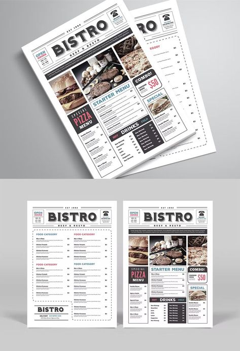 Newspaper Style Food Menu Template AI, PSD Street Food Menu Design, Bar Food Menu Design, Newspaper Menu Design, Retro Food Menu Design, Menu Book Design Restaurant, Fast Food Menu Template, Starters Menu, Pizza Restaurant Menu Design, Restaurant Menu Card