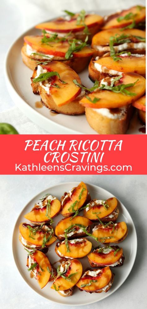 Peach And Ricotta Crostini, Peach Prosciutto Crostini, Grilled Peach And Ricotta Crostini, Toasted Bread Appetizers, Peach Crostini Appetizers, Peach Ricotta Toast, Crustini Appetizers Summer, Peach Crostini, Peach Appetizer