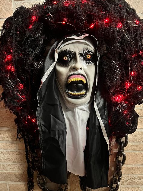 The Nun Halloween Decorations, The Nun Valak, Nun Halloween, Scary Halloween Wreath, The Nun, Concord Nh, Halloween Wreaths, Halloween Door Decorations, Halloween Door