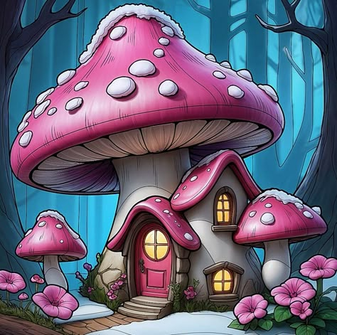 Toadstool House Drawing, Mushroom House Drawing Fairies, Mushroom House Cartoon, Fairy Village Drawing, Mushroom Art Drawing, Cute Mushroom House, Balloon Centerpieces Diy, Intarsia Wood Patterns, Mushroom Houses