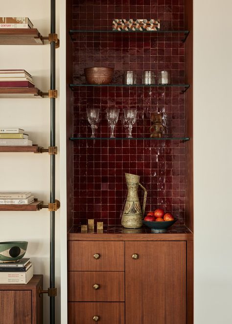 Interiors II — Nicole Franzen Coffee Bar With Window, Wine Living Room, Wine Interior Design, Kitchenette Bar, Small Home Bar, Painted Shelves, Nicole Franzen, Rich Burgundy, Kitchen Shelf