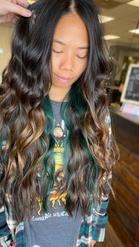 Dark Brown Hair With Teal Highlights, Under Highlights Hair Brown, Teal Peekaboo Hair, Teal Highlights In Brown Hair, Peak A Boo Highlights, Teal Peekaboo, Peekaboo Balayage, Balayage On Dark Brown Hair, Under Highlights