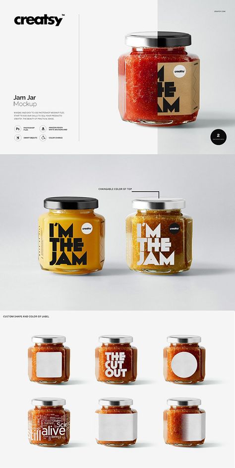 Jam Jar Mockup . Jam jar template - layered, editable psd file prepared to showcase your custom design, by simply editinng the smart object and color layers. files works only in Photoshop (min. PS CC 2015); pack includes 2 .psd files with 2 different views, file specs: 2500x2000 px 300dpi; changeable color of top and design of label (via smart objects); every shape of label available; backgrounds: neutral and white (check preview); Amazon ready Sauce Jar Packaging Design, Jar Label Template, Jam Jar Packaging Design, Jar Packaging Design Creative, Homemade Jam Packaging, Jam Jar Packaging, Jam Jar Design, Jam Label Design, Jam Packaging Design