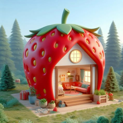 3D cute strawberry house Kawaii Garden, Fairy Mushroom House, Strawberry House, Giant Strawberry, Fruit World, Cartoon Story, 3d Things, Fairy Mushroom, Book Art Projects